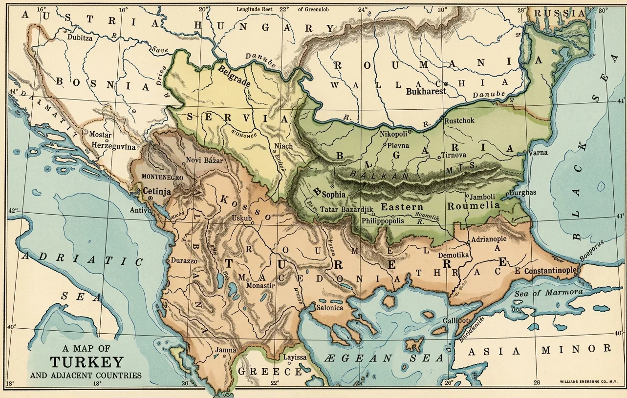 A MAP OF TURKEY AND ADJACENT COUNTRIES
A study of this map shows that Turkey has already lost more than half of her original European territory