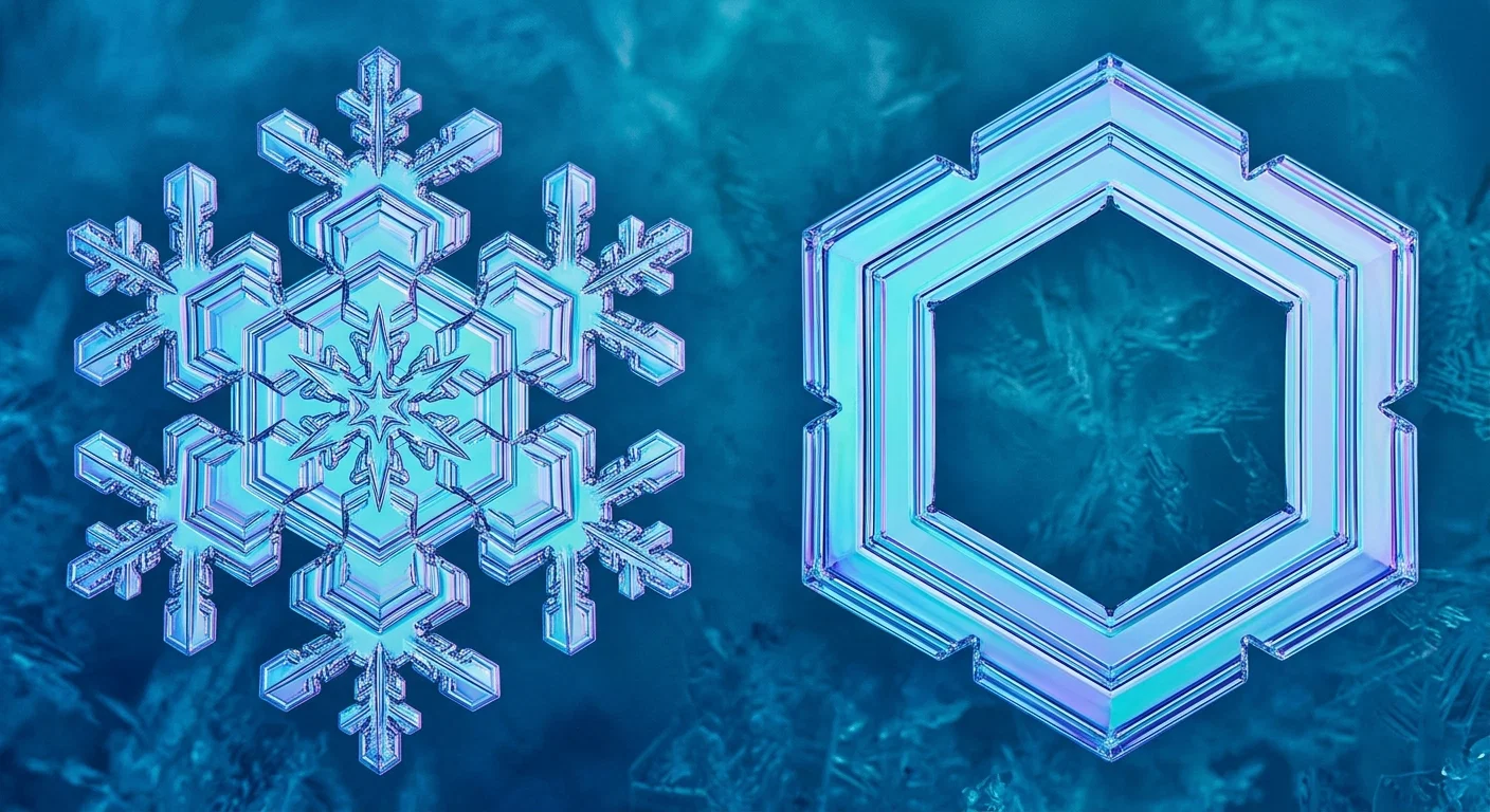 Various forms of snowflakes. Observe the hexagonal (six-sided) forms of crystallization in all.