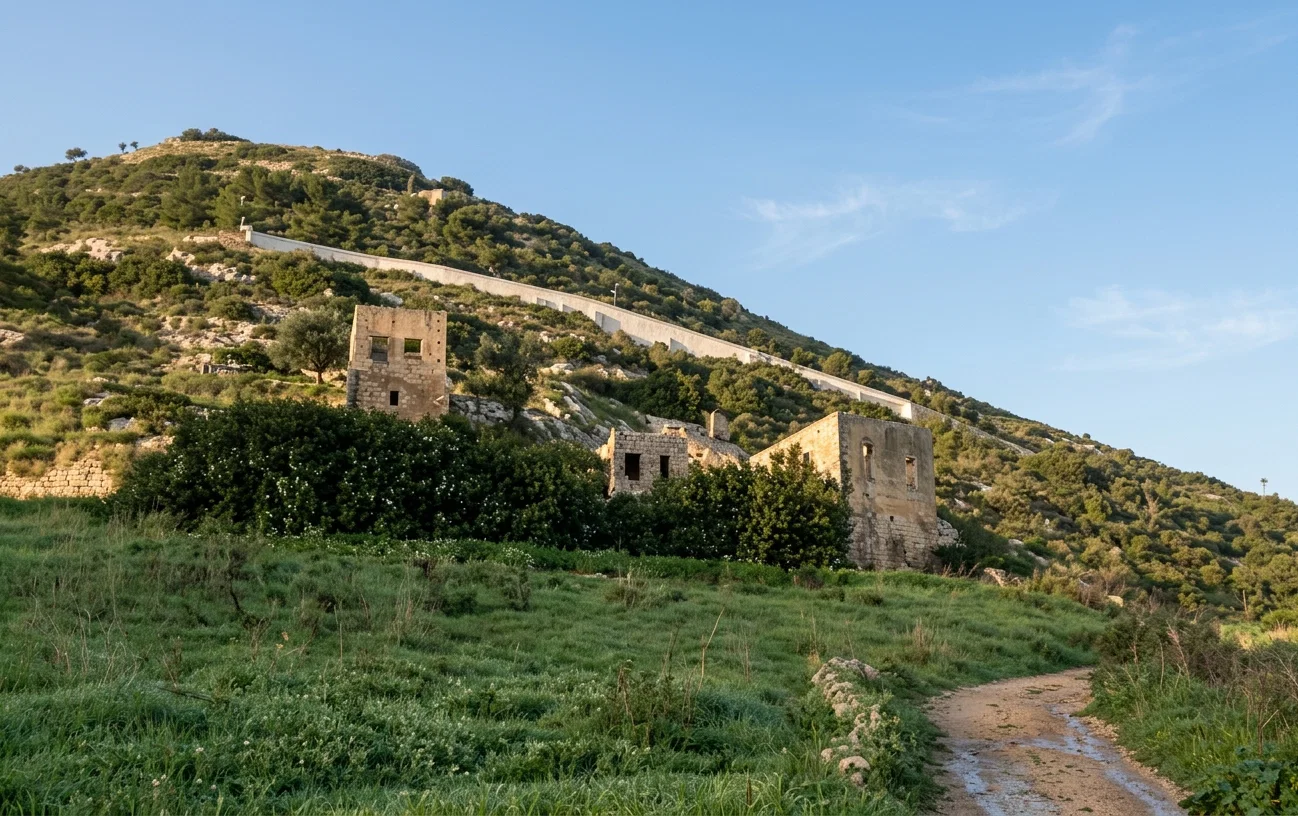 MOUNT CARMEL. AT THE TOP IS THE TRADITIONAL CAVE OF ELIJAH. AT THE BASE IS THE CAVE IN WHICH ELIJAH IS BELIEVED TO HAVE HELD HIS FIRST SCHOOL