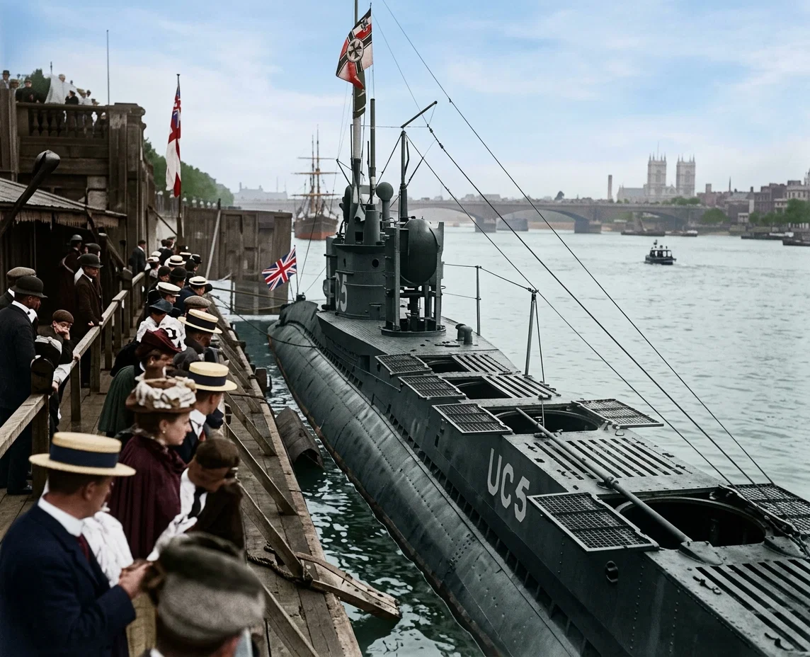 CAPTURED SUBMARINE MINE-LAYER, AT TEMPLE PIER, LONDON