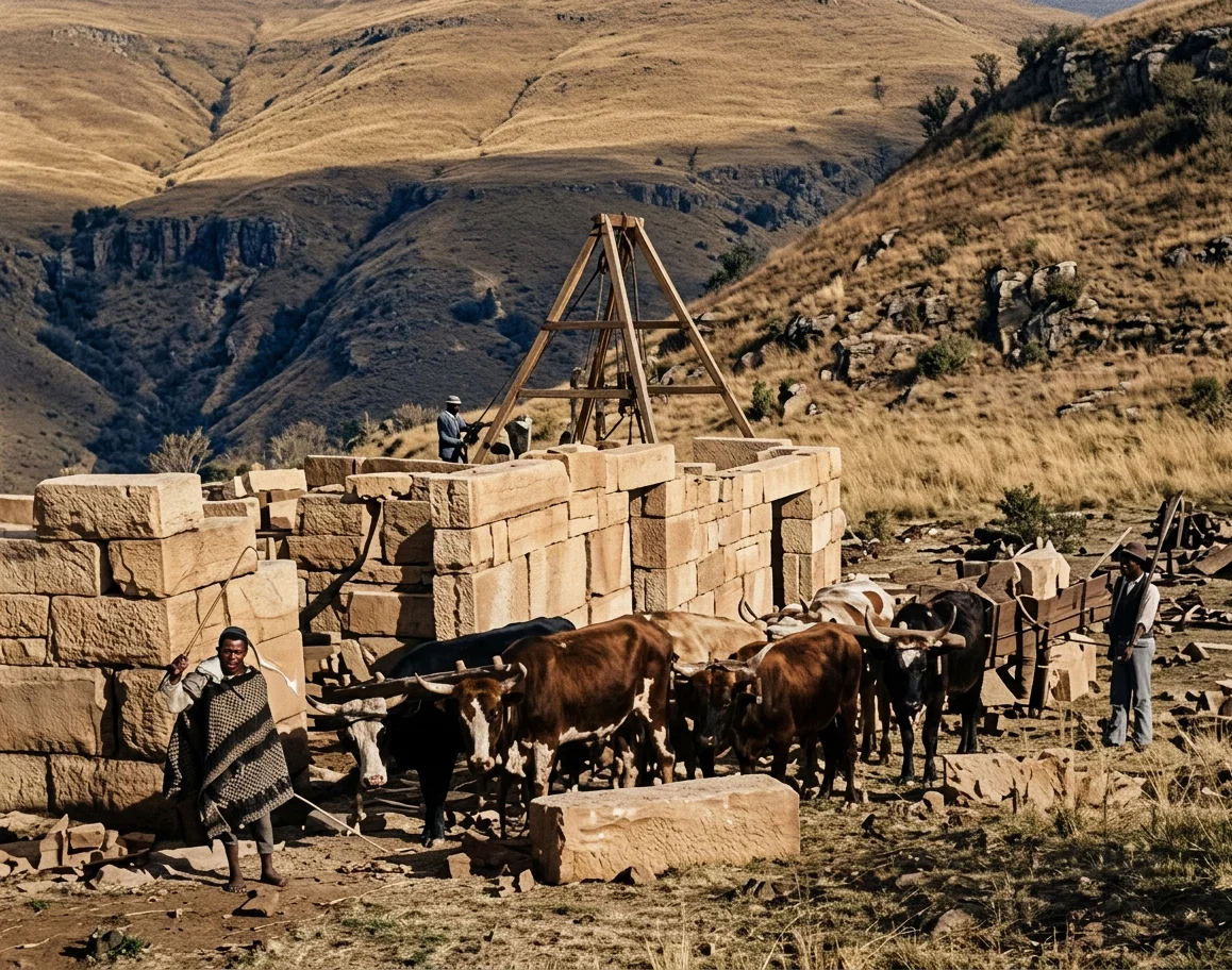 HAULING STONE FOR THE NEW STABLE AT EMMANUEL MISSION, BASUTOLAND