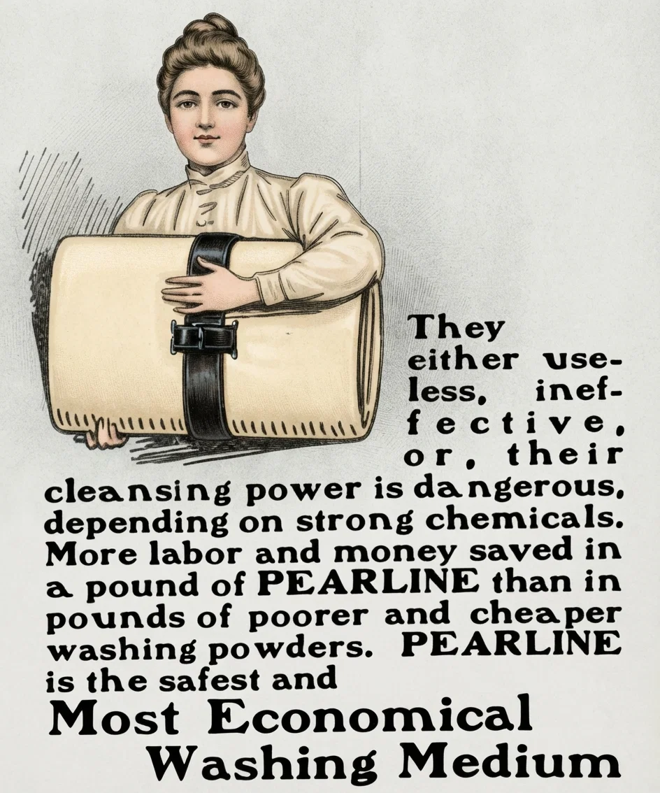 Real Economy is impossible with cheap washing powders. They are either useless, ineffective, or, their cleansing power is dangerous, depending on strong chemicals. More labor and money saved in a pound of PEARLINE than in pounds of poorer and cheaper washing powders. PEARLINE is the safest and 702 Most Economical Washing Medium