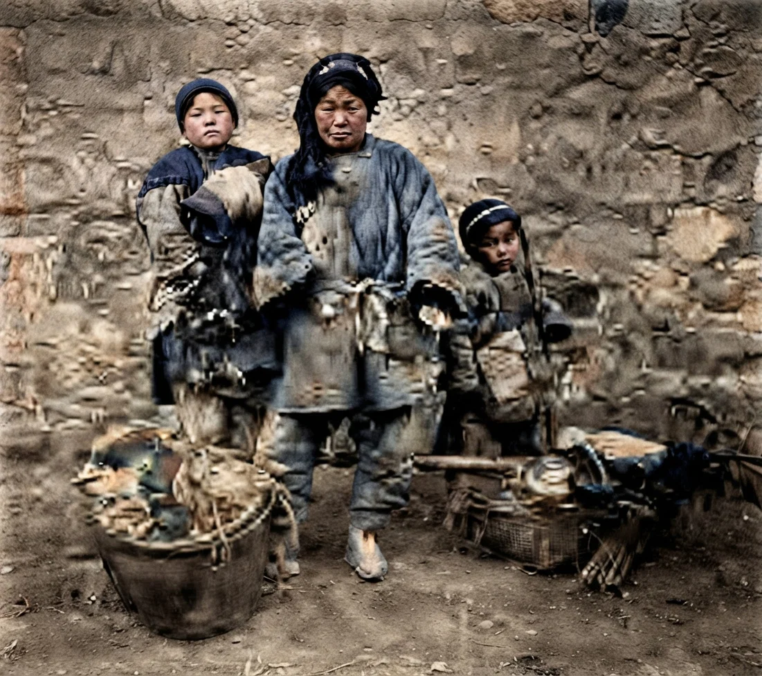 Mother and family with all their worldly goods leaving the famine region