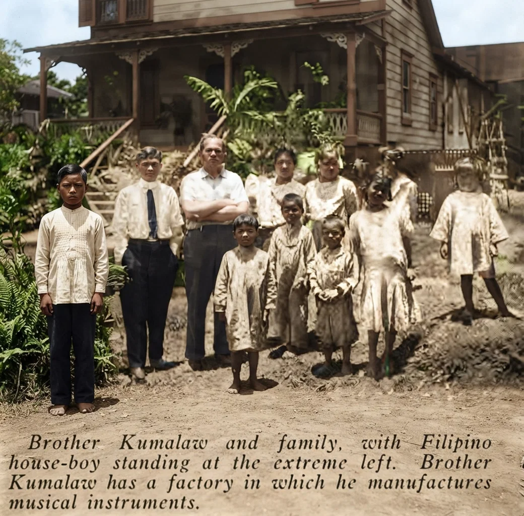 Brother Kumalaw and family, with Filipino house-boy standing at the extreme left. Brother Kumalaw has a factory in which he manufactures musical instruments.