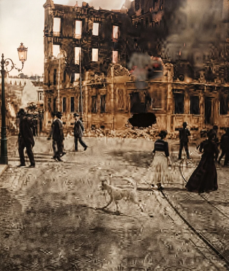 A Building Set on Fire by a Shell