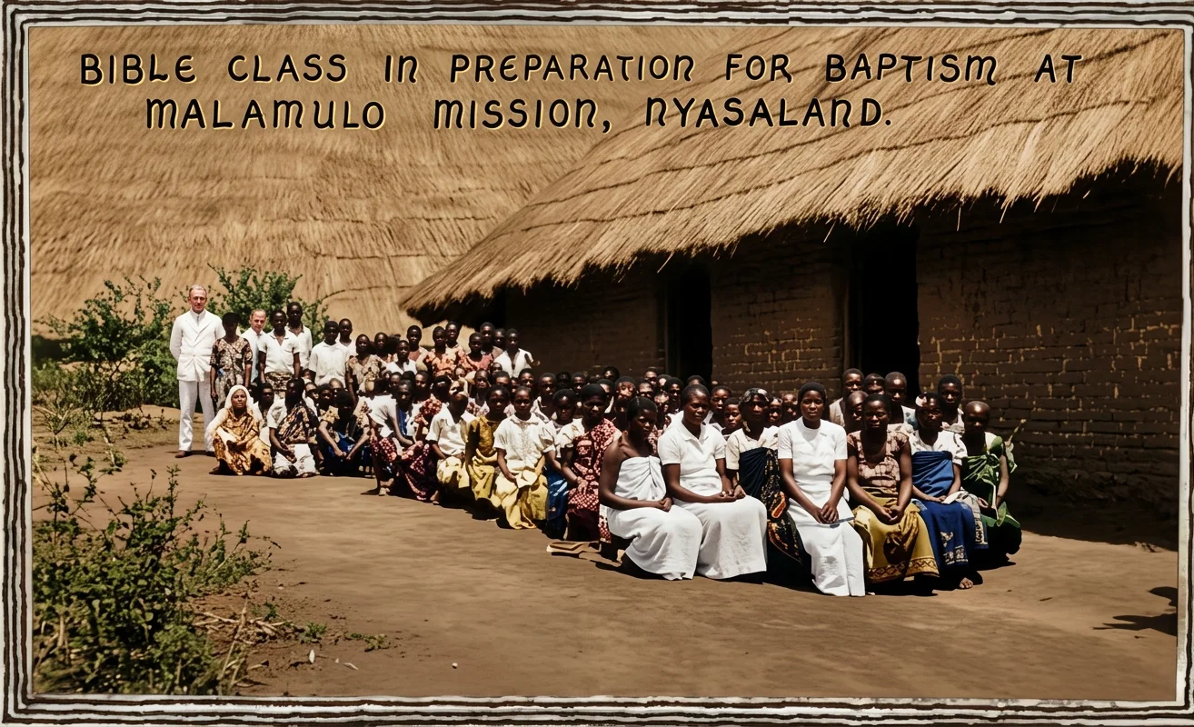 BIBLE CLASS IN PREPARATION FOR BAPTISM AT MALAMULO MISSION, NYASALAND.