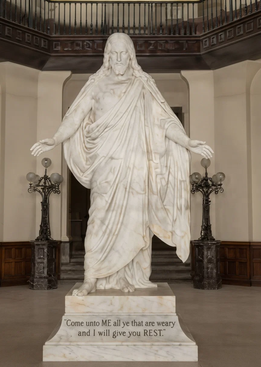 A symbolical figure of our Lord in Johns Hopkins Hospital, Baltimore, Md. On the pedestal of the statue is the text, "COME unto ME all ye that are weary and heavy laden, and I will give you REST."
