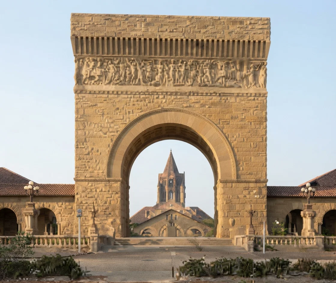 Arch at the entrance of the Quadrangle, with Memorial Chapel in the distance.
