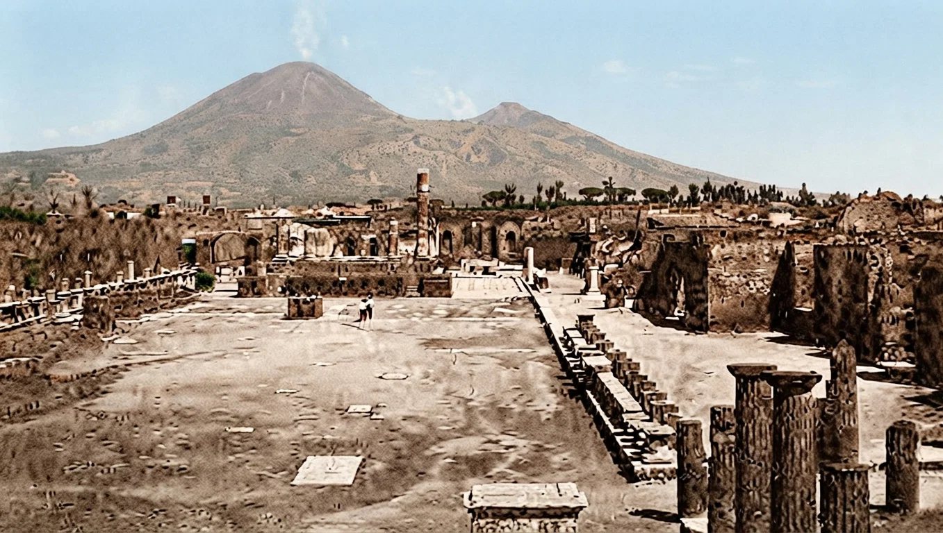 Forum of Pompeii, exhumed from the ashes of Vesuvius, which buried it in A.D. 79. The volcano, Vesuvius, in the distance. These calamities—volcanic and seismic—are increasing in frequency as the centuries roll by. They are indications that the sin-laden earth is waxing old. See article on page 14.