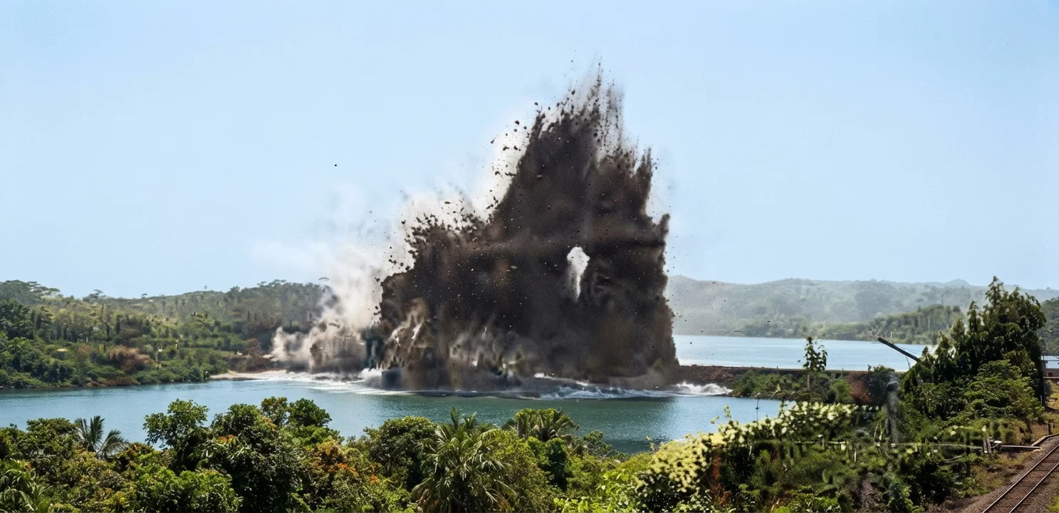 BLOWING UP OF GAMBOA DIKE. Copyright by Underwood & Underwood, N. Y.