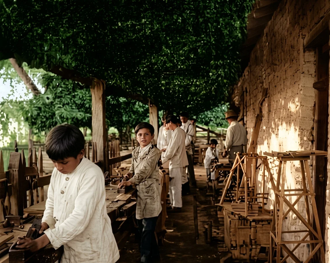 SIGUATEPEQUE SCHOOL CARPENTRY CLASS AT WORK
Carl Snow, in charge of school, at right, with back to the wall.
The class numbers nine.
