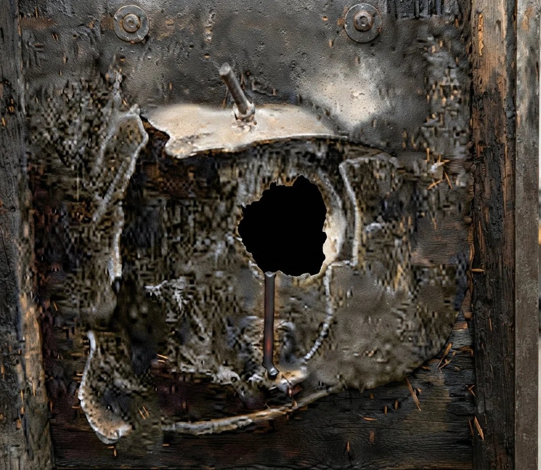 A hole made through an 18-inch Krupp armor-plate and its timber backing, by a shell from a 12-inch gun