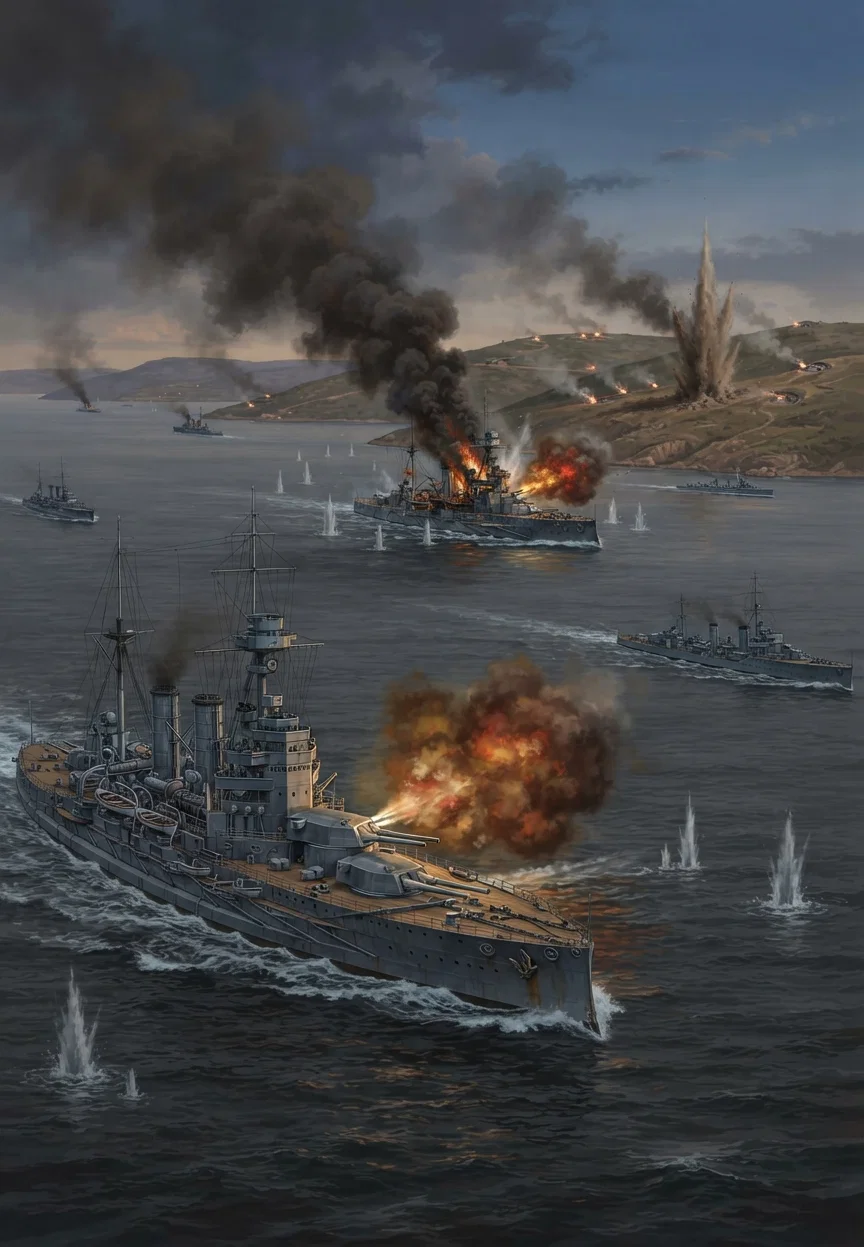 THE BEGINNING OF THE END The Allied Fleets Forcing the Passage of the Dardanelles.