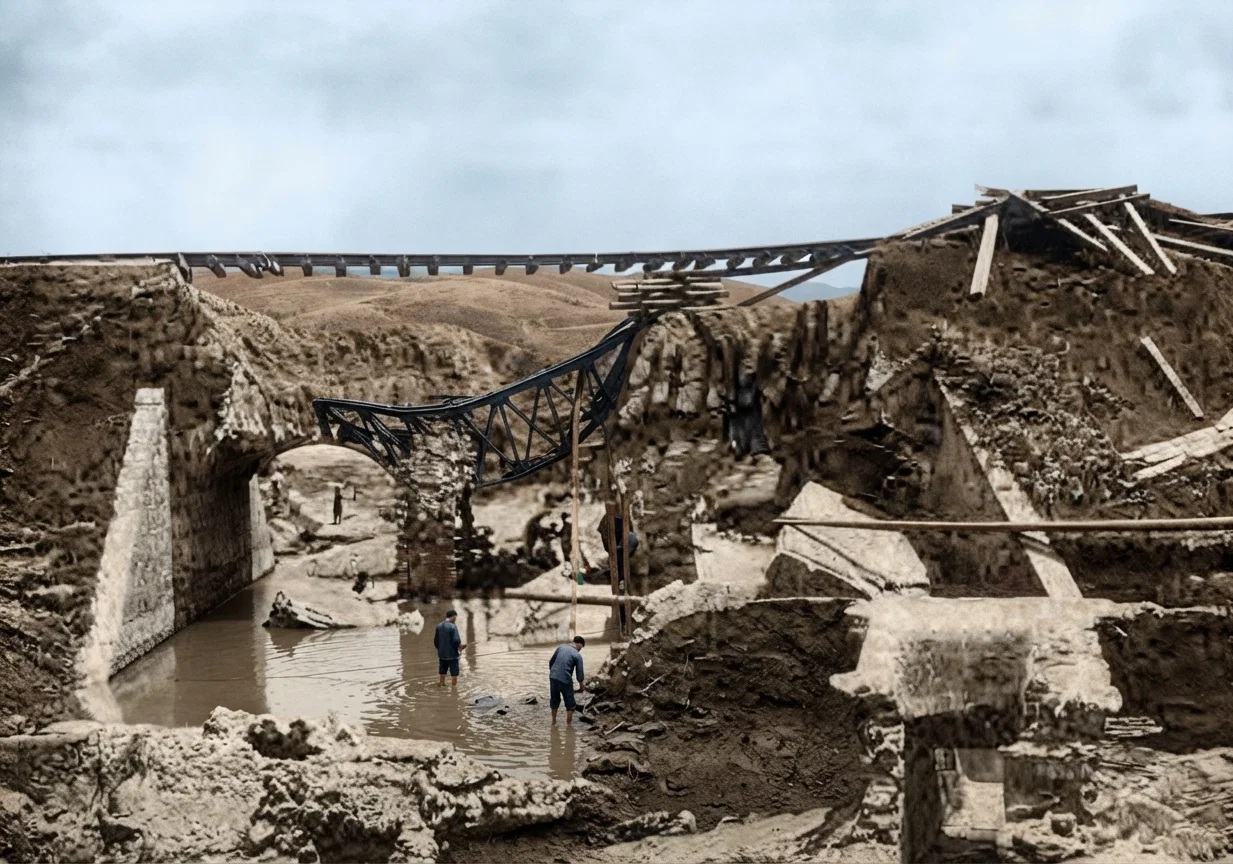 RAILWAY BRIDGE IN LILING, HUNAN, CHINA, AFTER THE FLOOD IN JULY, 1914