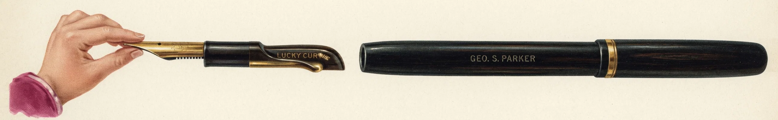 THE JOINTLESS, LUCKY CURVE GEO. S. PARKER FOUNTAIN PEN THE SUCCESS OF THE PEN AGE.