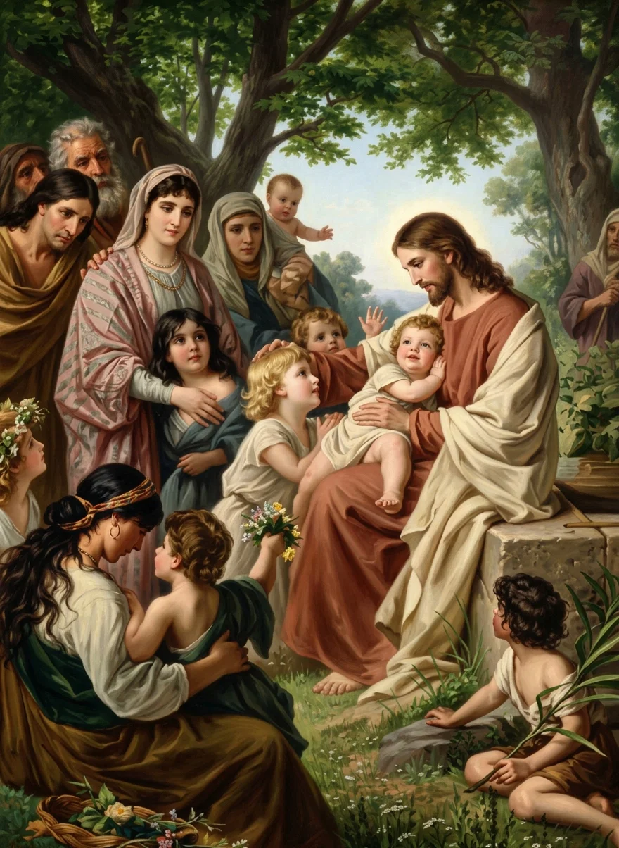 “And they brought young children to Him, that He should touch them; and His disciples rebuked those that brought them. But when Jesus saw it, He was much displeased, and said unto them, Suffer the little children to come unto Me, and forbid them not; for of such is the kingdom of God. . . . And He took them up in His arms, put His hands upon them, and blessed them.” Mark 10:13-16.