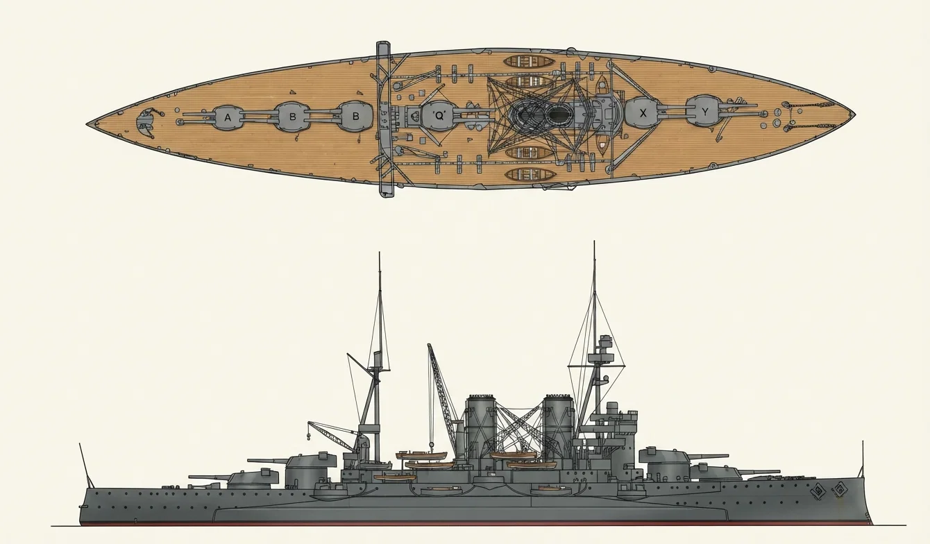 Plan of latest English Dreadnought, the Orion. All the turrets are on the center line. All can be used in a broadside. This is the first battle-ship so equipped.