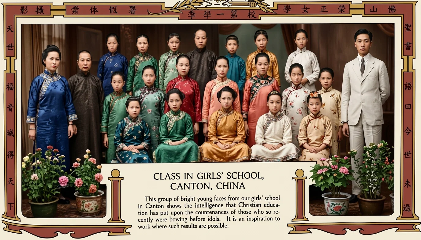 CLASS IN GIRLS’ SCHOOL,
CANTON, CHINA

This group of bright young faces from our girls’ school in Canton shows the intelligent training the Christian educa-
tion has put upon the countenances of those who so re-
cently were bowing before idols. It is an inspiration to work where such results are possible.