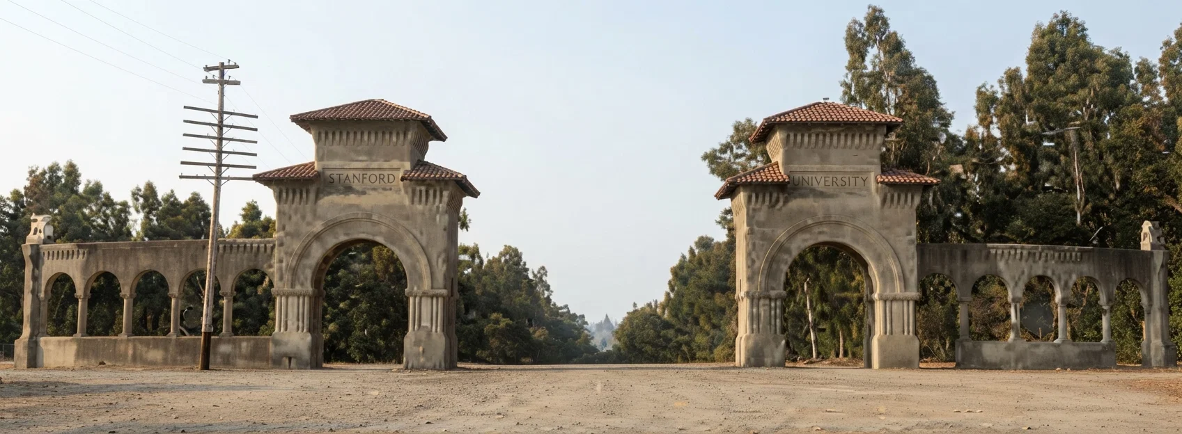 Entrance to the university grounds in Palo Alto, built of concrete on steel frames.