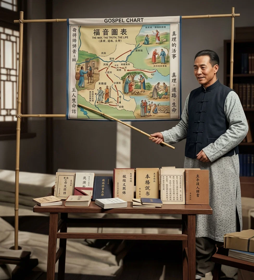 A Chinese Evangelist With Book-Stand and Chart