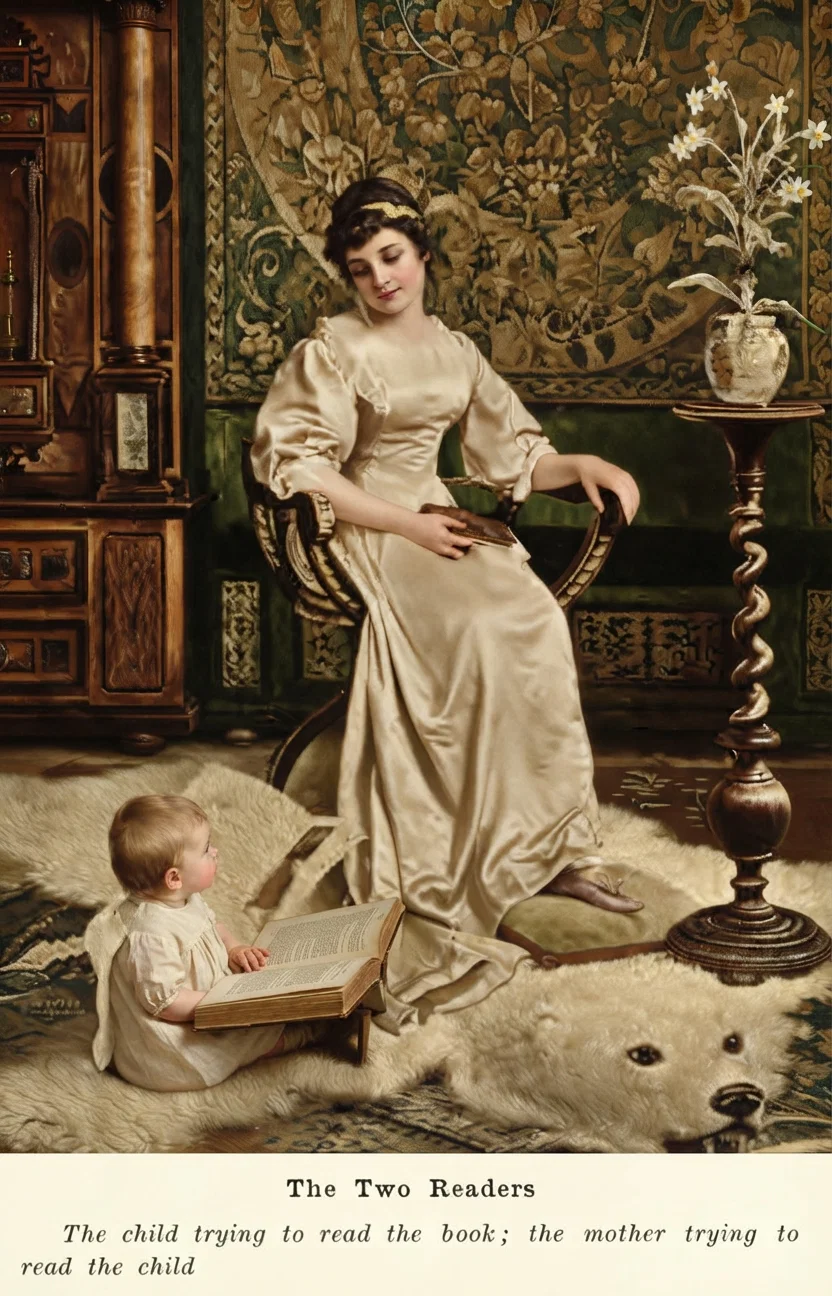 The Two Readers The child trying to read the book; the mother trying to read the child