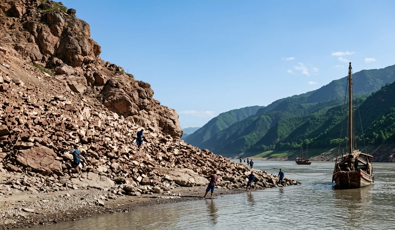 Our boat with men pulling it past a rocky point.