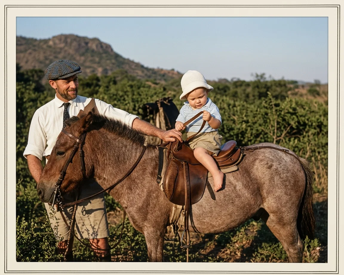 Baby Konigmacher learning to ride, Mantandane Station, Nyasaland.