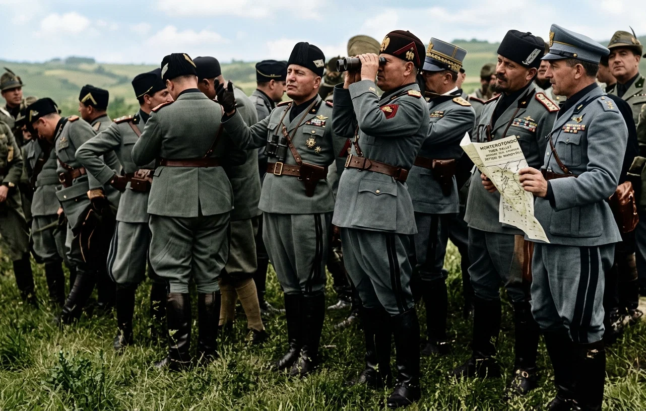 Benito Mussolini is here shown watching the maneuvers of the Fascist troops at Monterotondo, Italy, through a pair of binoculars. The Belgian Senator Louis de Brouckere, president of the Aviation Commission at Geneva, sees in Mussolini's movements a preparation for war.