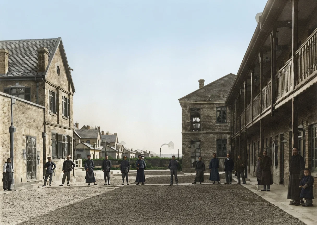 On the right the publishing house at Shanghai, China, dedicated last year. To the left and in the rear, cottages erected for the missionaries.