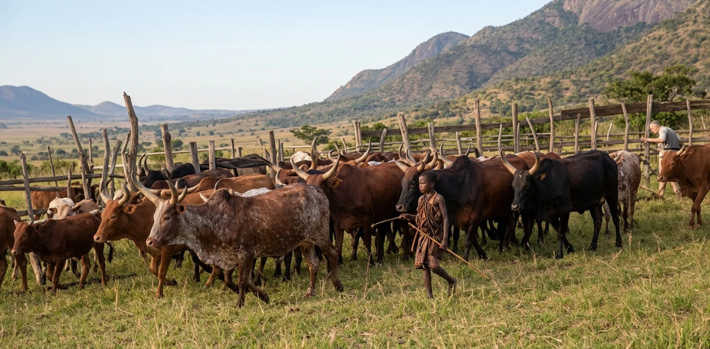 CATTLE AT NYASSALAND MISSION (BROTHER ELLINGWORTH IN THE REAR)