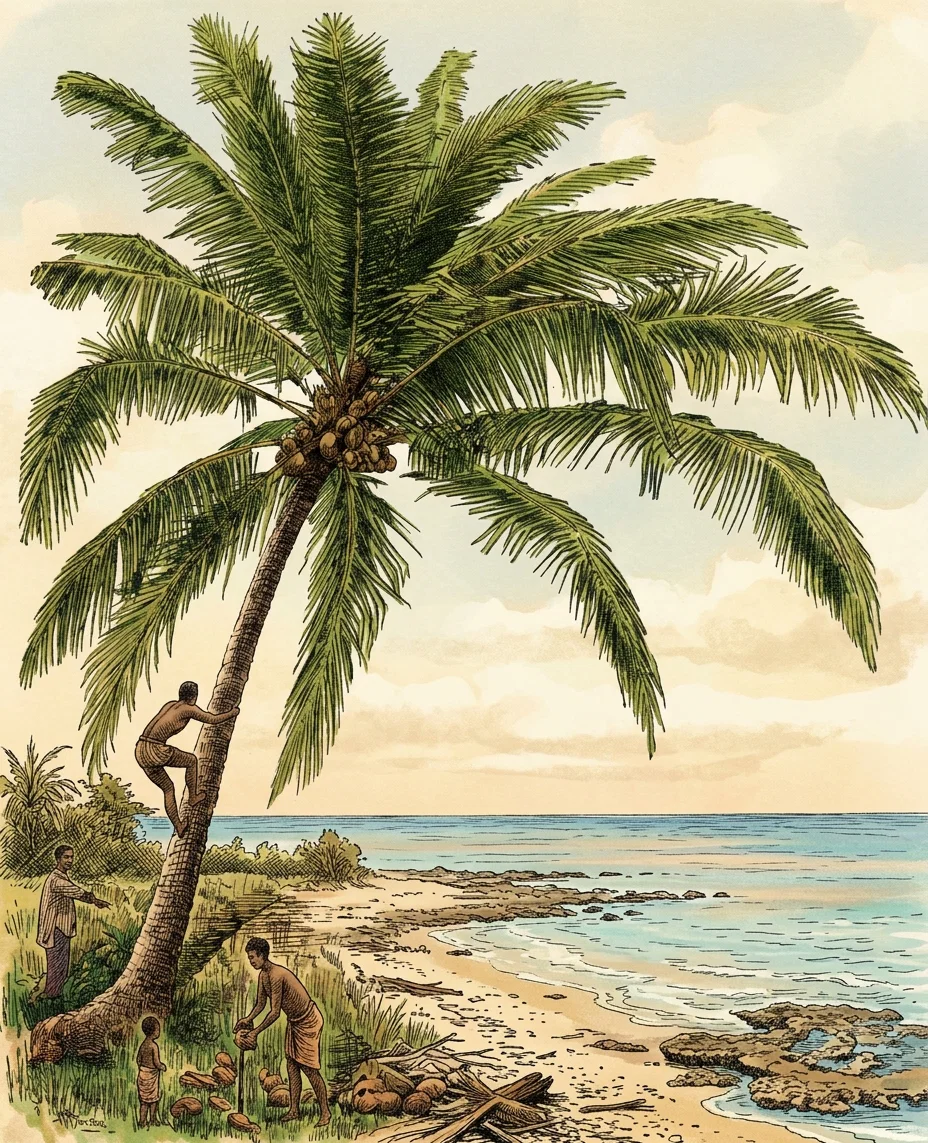With hands and feet accustomed to the rough bark, the natives are able to ascend the coconut trees like monkeys. The nuts are husked on the sharp end of a stick or iron which is driven into the ground.