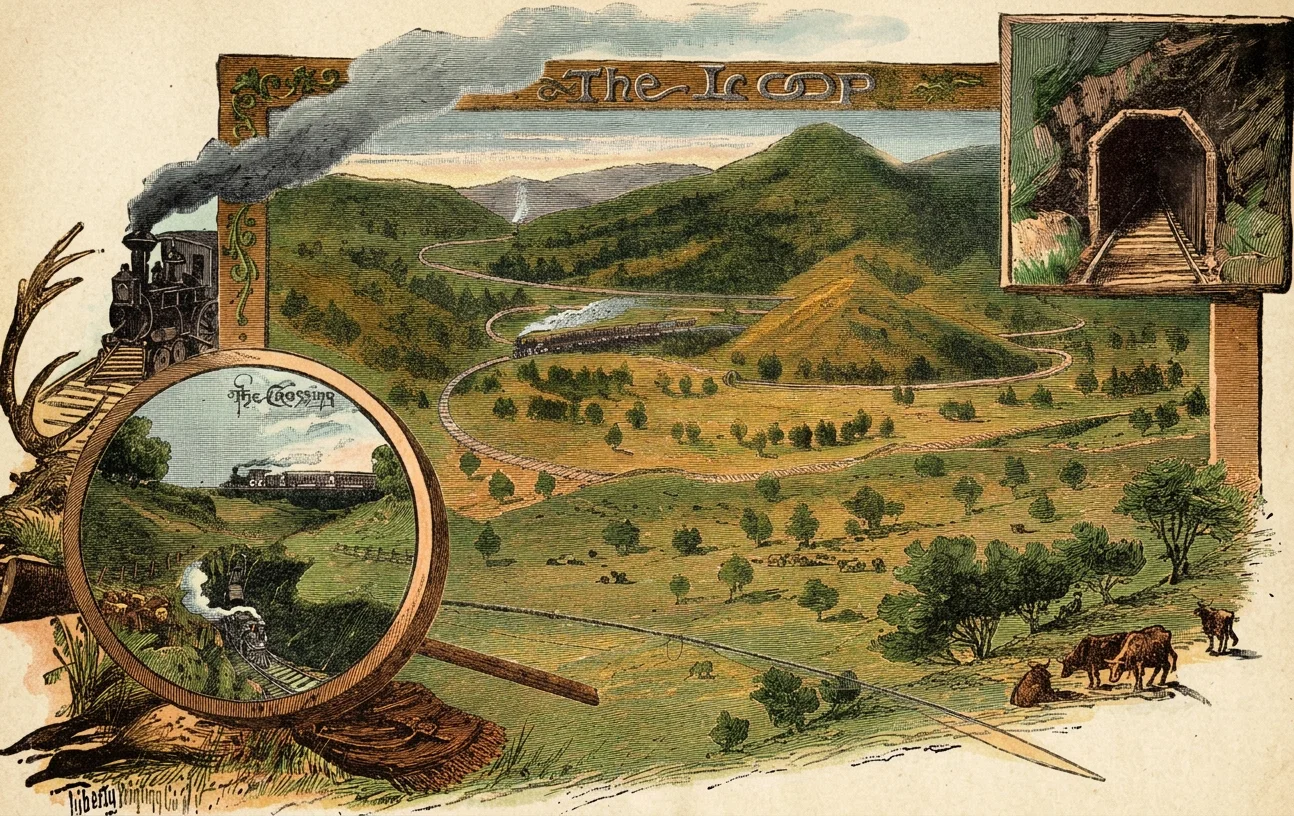 CALIFORNIA SCENERY. NO. 4.—The Loop presents a picturesque combination picture of natural wildness and triumphs of civil engineering. On the north side of the Tehachapi range, in Southern California, where the Southern Pacific Railway descends the mountain, is a series of nineteen tunnels between the summit and Bakersfield. Among the nineteen is one through which the north-bound train passes under the road it traveled a few moments before. The entire ride either down or up the mountain is wild, picturesque, and charming.