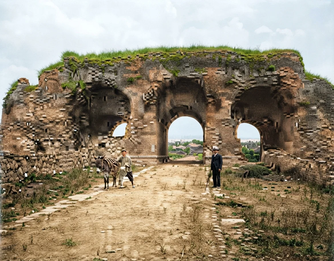 One of the old arches in the city of Nanking, very picturesque in its partial decay, with the green grass and moss growing at the top. Brother Allum stands at the right.