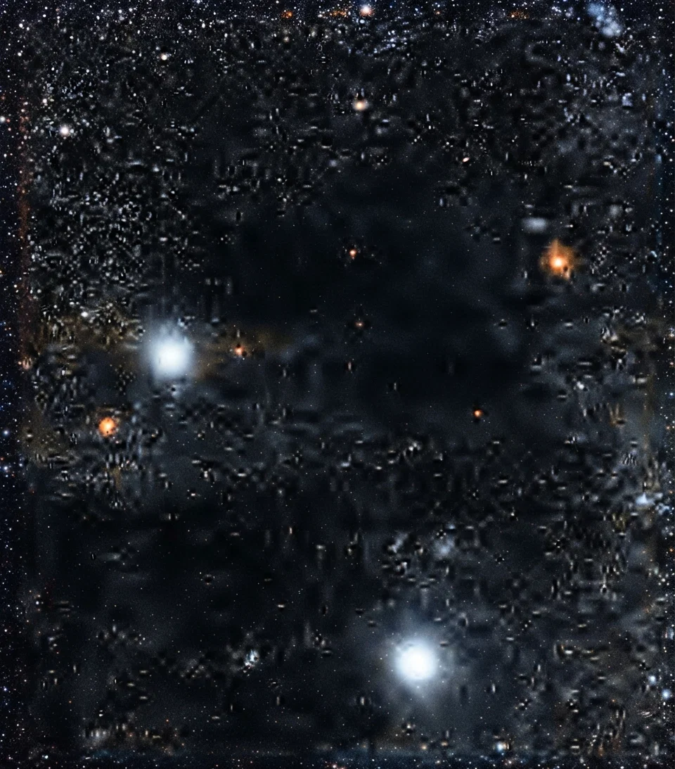 The Southern Cross, really a part of the constellation Centaurus. The camera unduly magnifies two of the stars as they would appear to the naked eye.