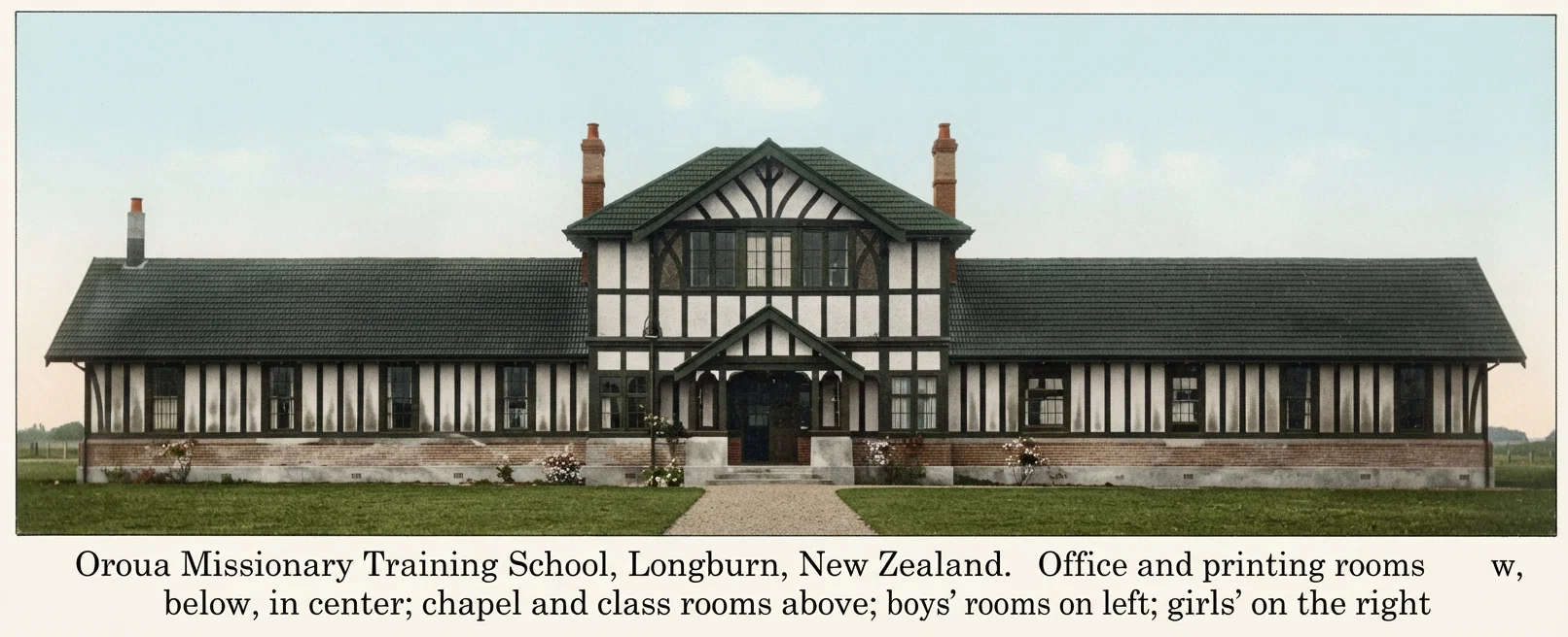 Oroua Missionary Training School, Longburn, New Zealand. Office and printing rooms below, in center; chapel and class rooms above; boys' rooms on left; girls' on the right