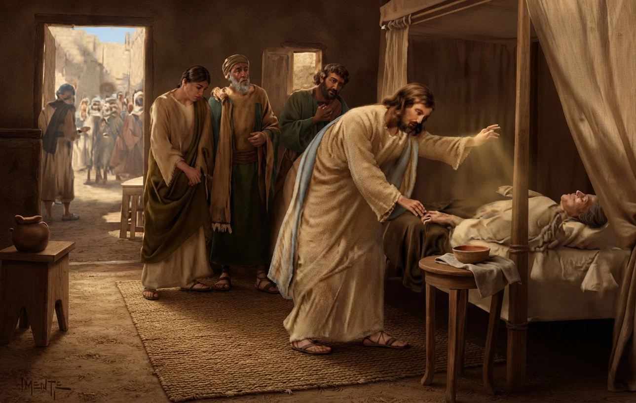 And when Jesus was come into Peter's house, He saw his wife's mother laid, and sick of a fever. And He touched her hand, and the fever left her; and she arose, and ministered unto them." Matt. 8: 14, 15.