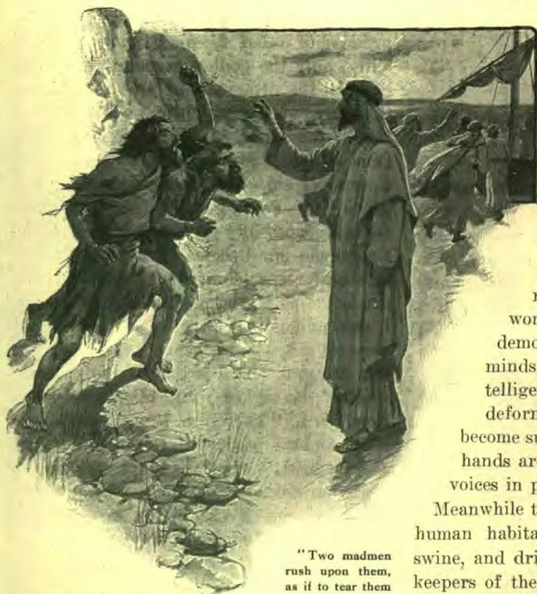 "Two madmen rush upon them, as if to tear them in pieces."