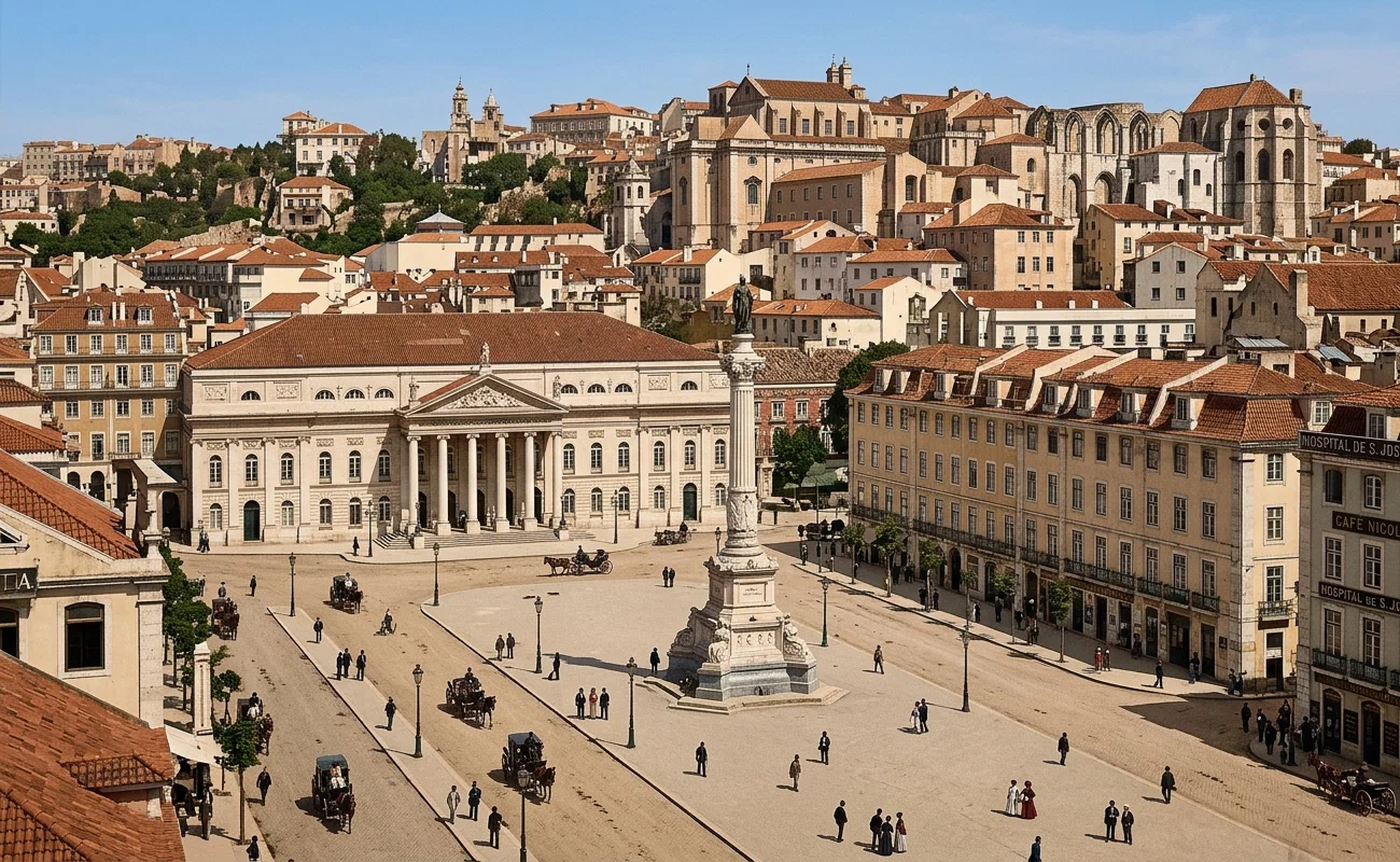 A VIEW IN LISBON. THE THEATER WITH SIX PILLARS WAS THE OLD INQUISITION BUILDING