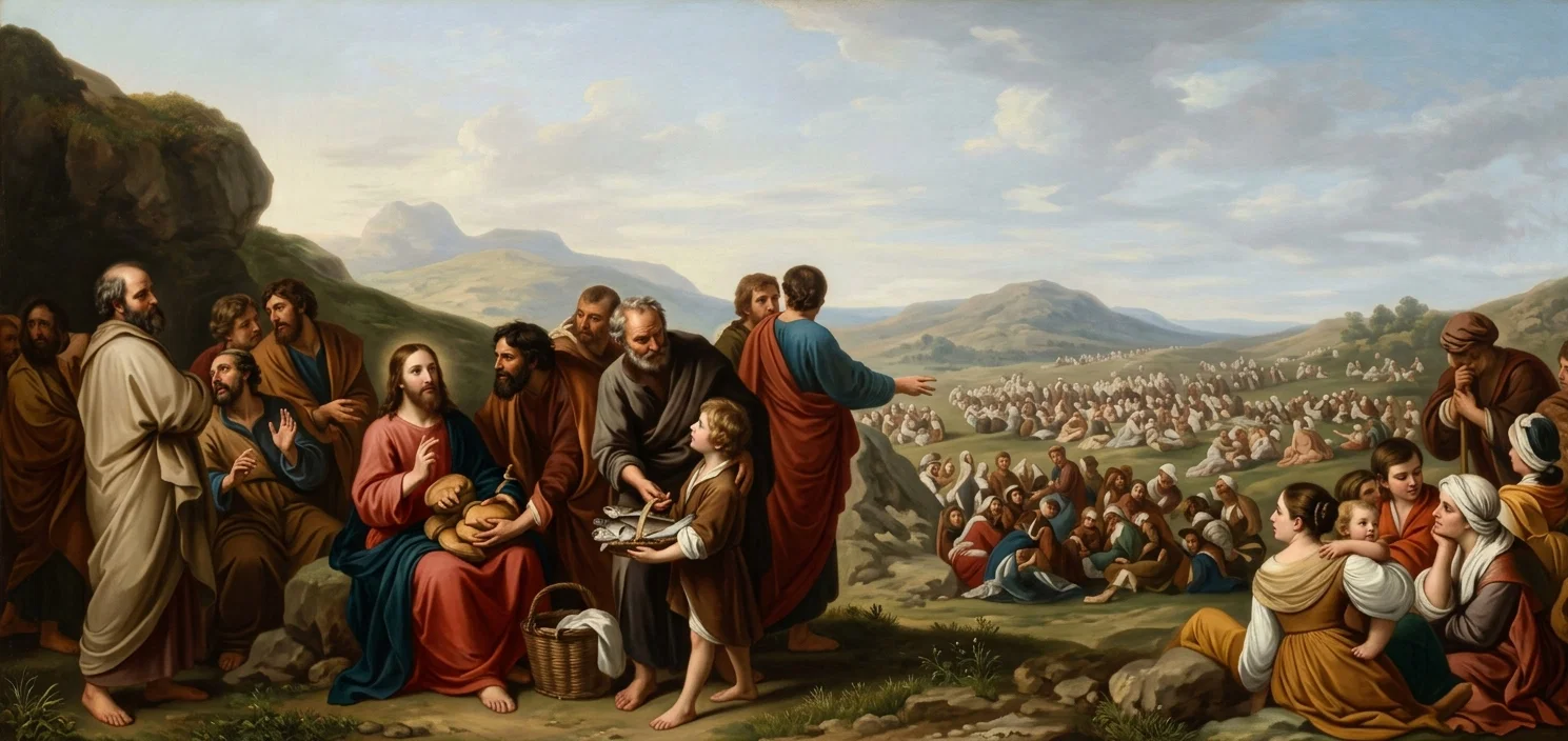 FEEDING THE FIVE THOUSAND.
“Jesus said unto them, They need not depart; give ye them to eat. And they say unto Him, We have here but five loaves, and two fishes. He said, Bring them hither to Me. And He commanded the multitude to sit down on the grass, and took the five loaves, and the two fishes, and looking up to heaven, He blessed, and brake, and gave the loaves to His disciples, and the disciples to the multitude. And they did all eat, and were filled.” Matt. 14: 16-20