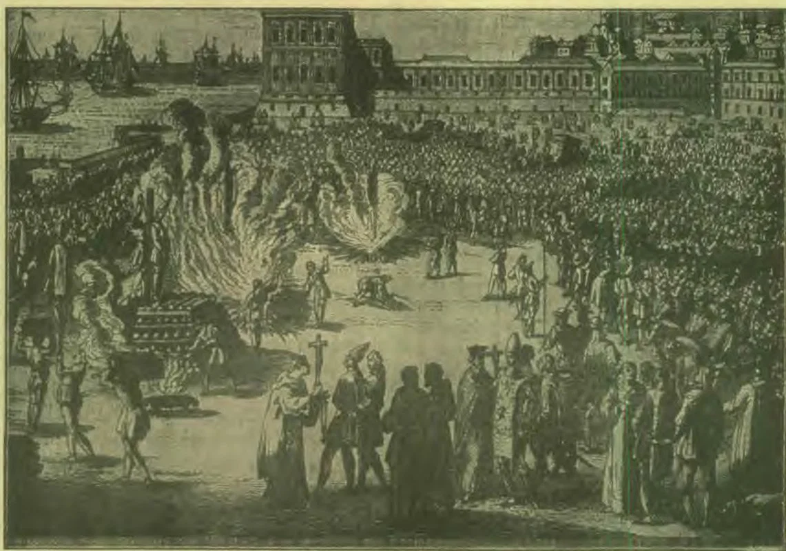 An 'Auto de fe' (burning at the stake) in the square of the Ribeira. From an engraving in copper of the time.