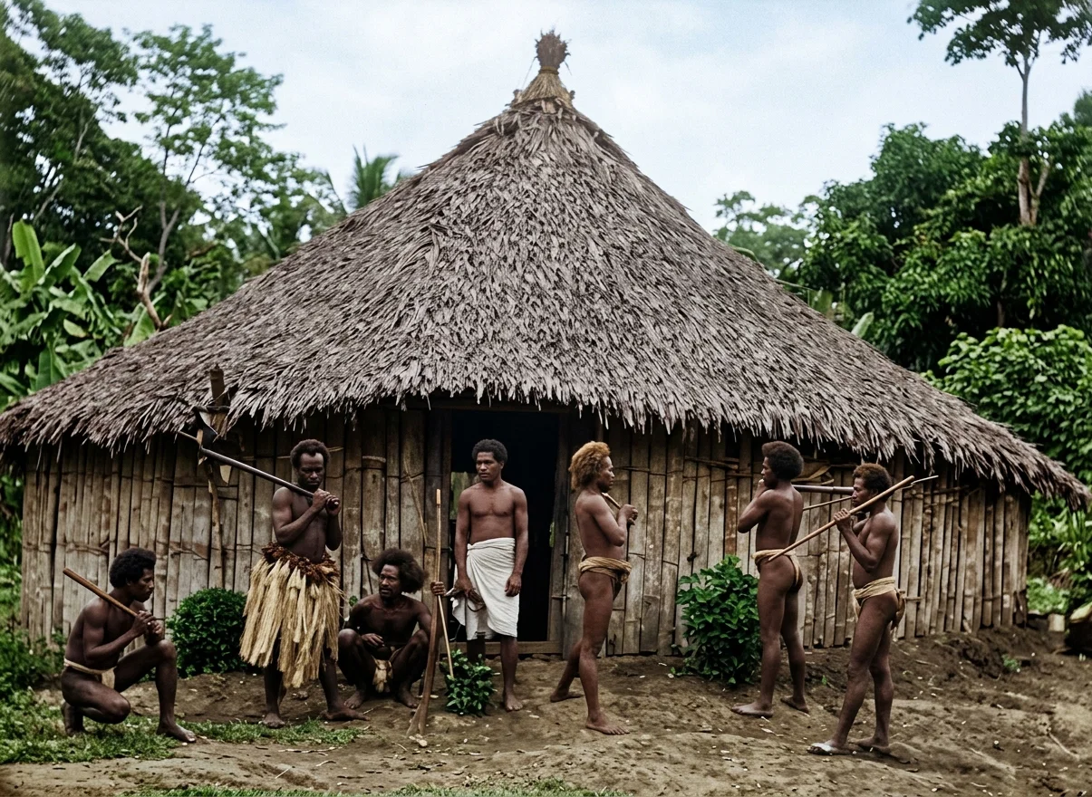 DEVIL-WORSHIPERS, of the New Hebrides. Idols, war clubs, and pigs are their most precious belongings. Yet, with their nakedness and ignorance, some precious jewels have been found among these people by John G. Paton and other faithful missionaries. Much of the territory is still unworked.