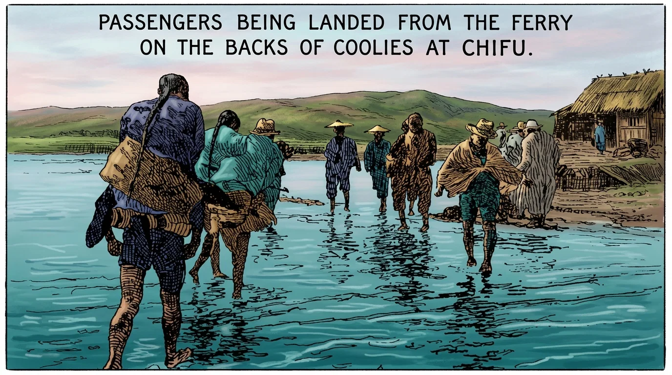 PASSENGERS BEING LANDED FROM THE FERRY ON THE BACKS OF COOLIES AT CHIFU.