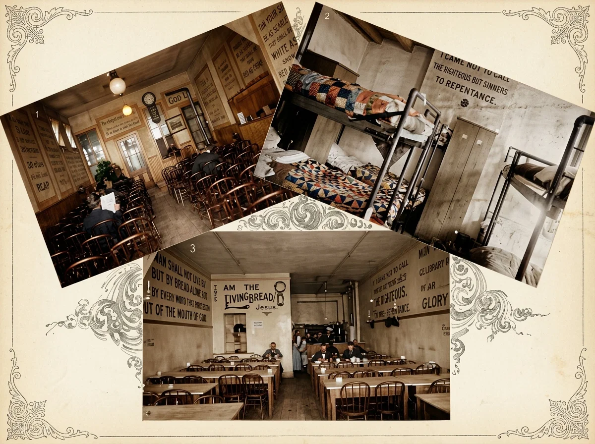 INTERIOR VIEWS OF HELPING HAND AND MEDICAL MISSION. Directly over the little pulpit or rostrum is a clock, given to the mission, on the face of which are the suggestive and appropriate words, “It is time to seek the Lord.” No 1, the chapel and reading-room. No. 2, one of the bedrooms, showing double-deck, iron bedsteads. No. 3, the Restaurant.