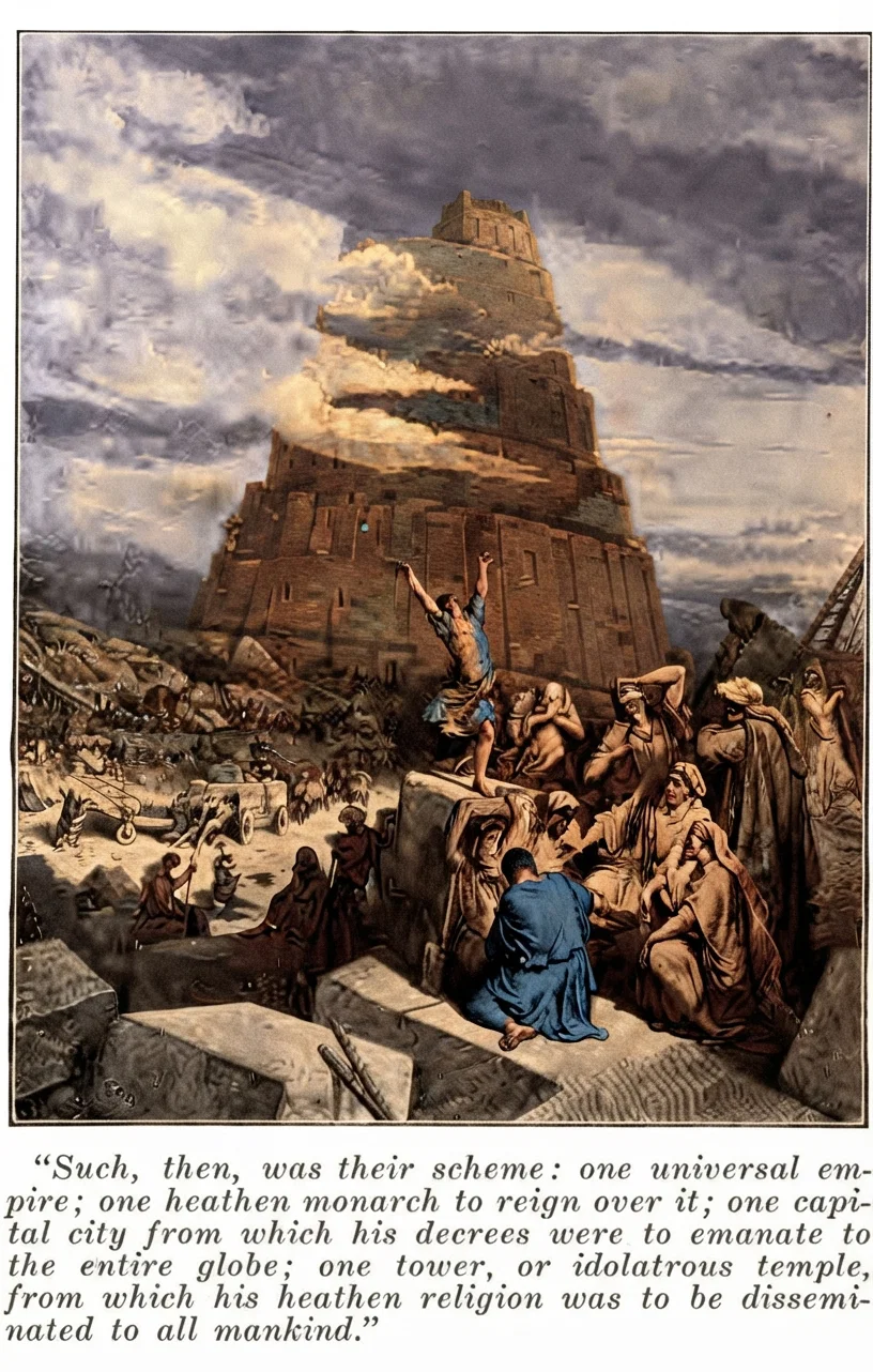 Such, then, was their scheme: one universal empire; one heathen monarch to reign over it; one capital city from which his decrees were to emanate to the entire globe; one tower, or idolatrous temple, from which his heathen religion was to be disseminated to all mankind.