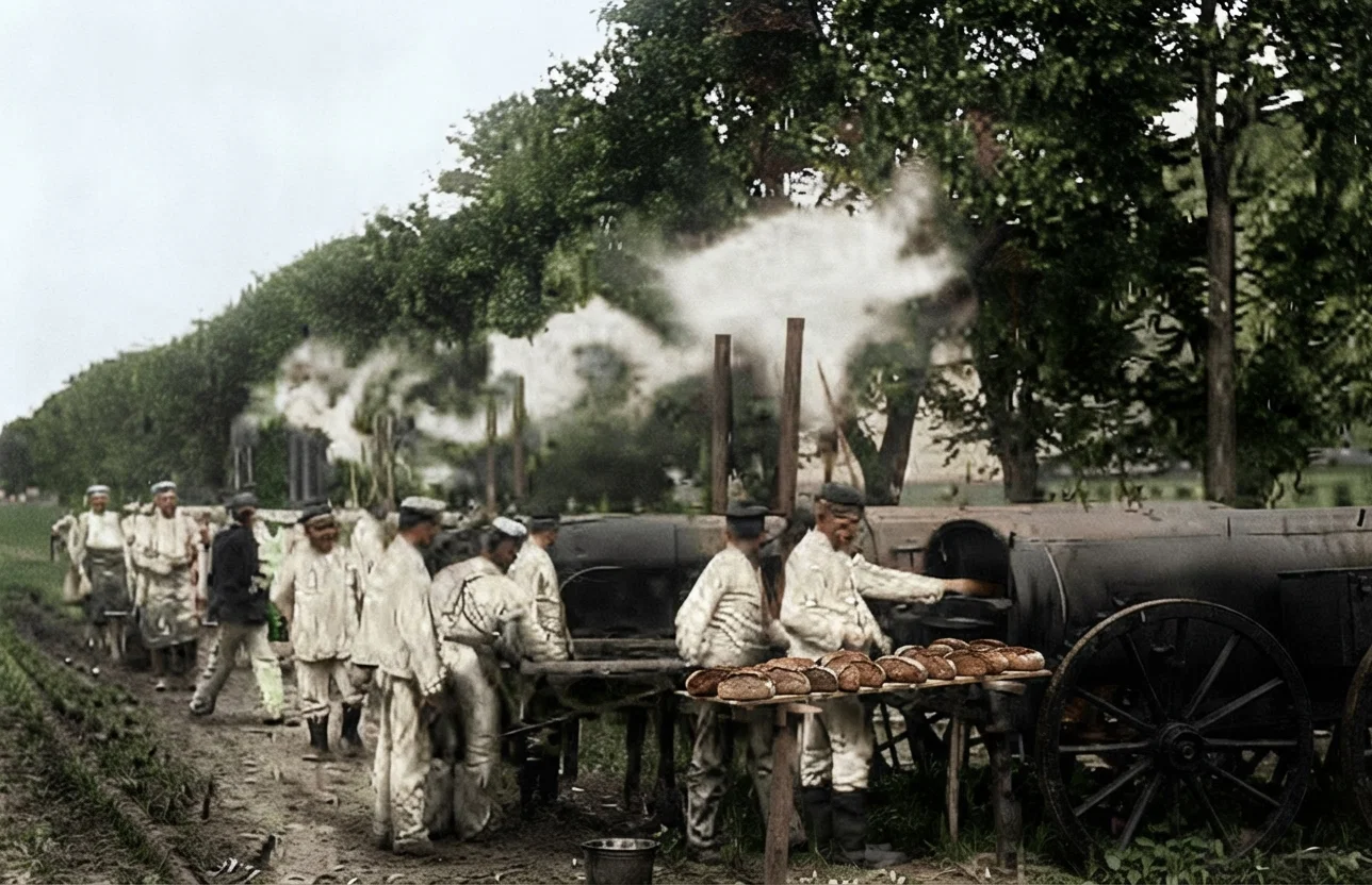 © Underwood & Underwood, N. Y. Portable bake-ovens of the German commissary department. This battery of ovens furnishes 16,000 loaves of bread daily for one division of the army.