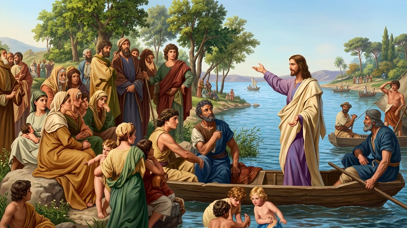The great Head of the church teaching from the humble fisherman's boat the wonderful life-giving truths, having in them all the potency of the world's salvation. “The words that I speak unto you, they are spirit and they are life.” John 6:63.