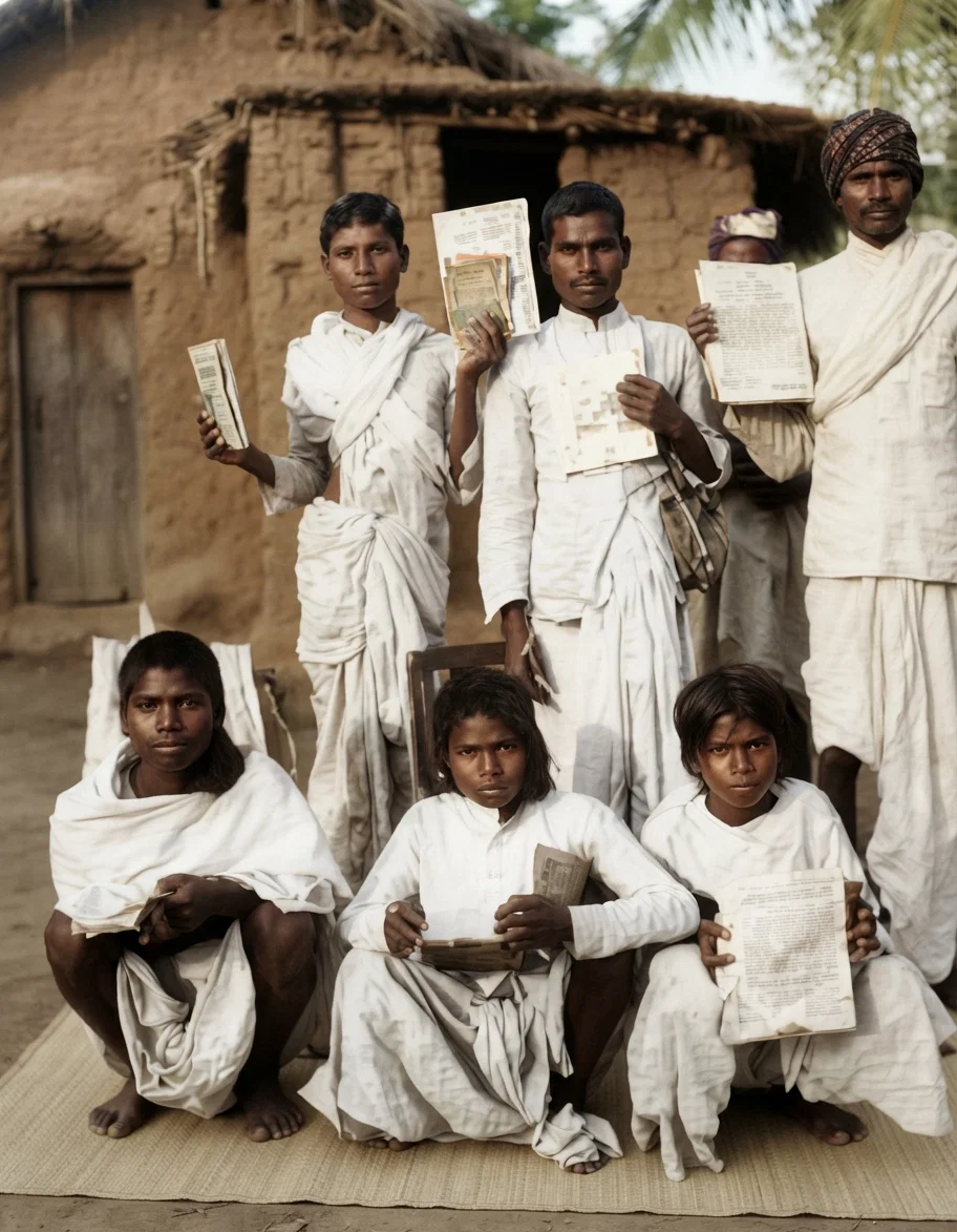 Photo by W. A. Barlow

SANTALI TEACHERS AND STUDENTS OUT WITH PAPERS