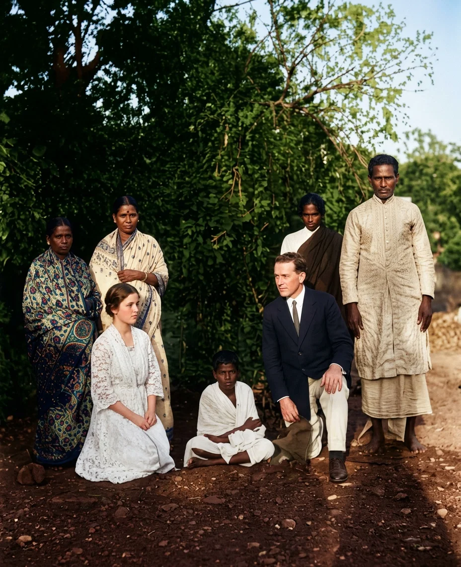 GROUP OF FIRST BAPTIZED BELIEVERS AT PONDICHERRY, SOUTH INDIA
(See article in W World-Wide Field department)
