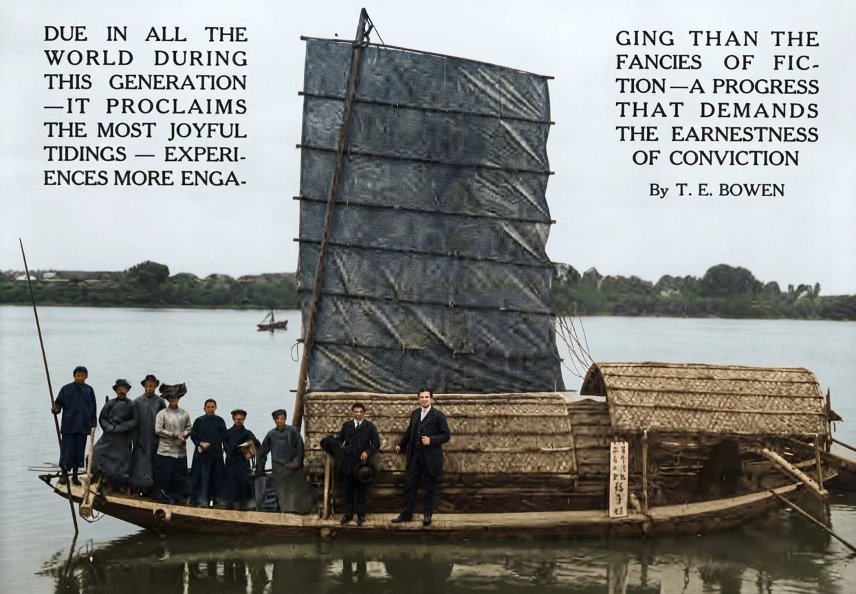 MISSION BOAT AND WORKERS, MAKING A VISIT IN THE ROBBER-INFESTED DISTRICTS, SWATOW, CHINA