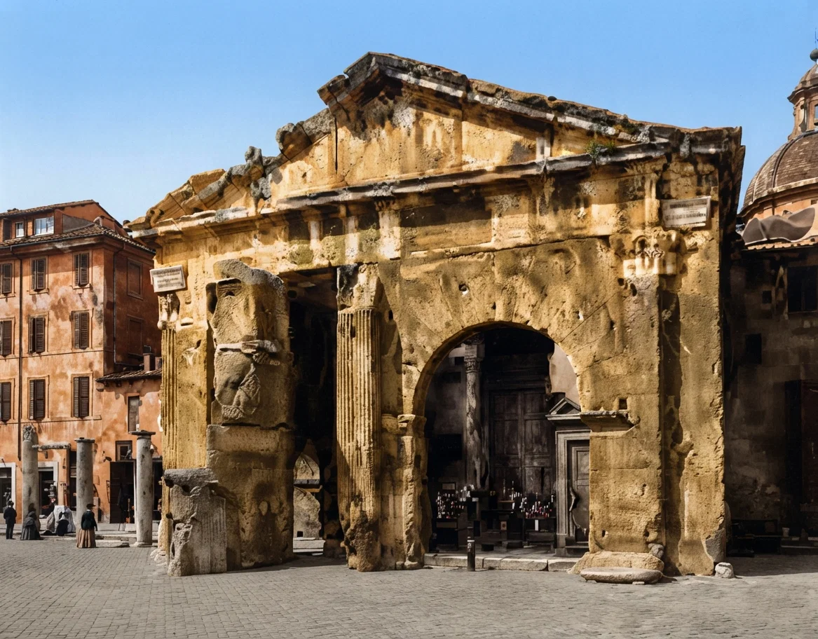 The Church of St. Angelo in Pescheria, where the Jews were compelled to attend church during papal rule. The portico is a remnant from the time of the Roman Empire.